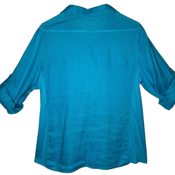Calvin Klein Teal Blue 100% Linen Long Roll Tab Sleeve Button Up Shirt Size 1X - Picture 6 of 14
